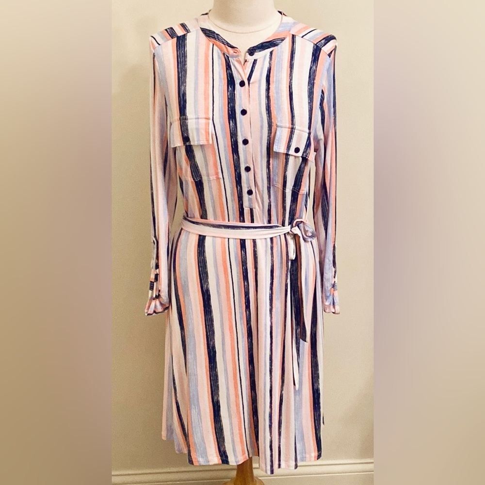 Design 365 White Blue Striped L Coastal Preppy Clean Girl T-Shirt Jersey Dress